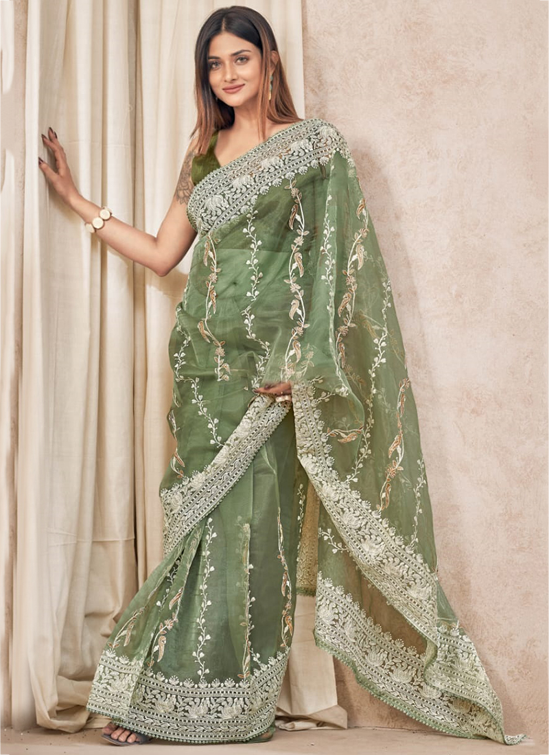 Buy Green Organza Silk Party Wear Embroidery Work Saree Online