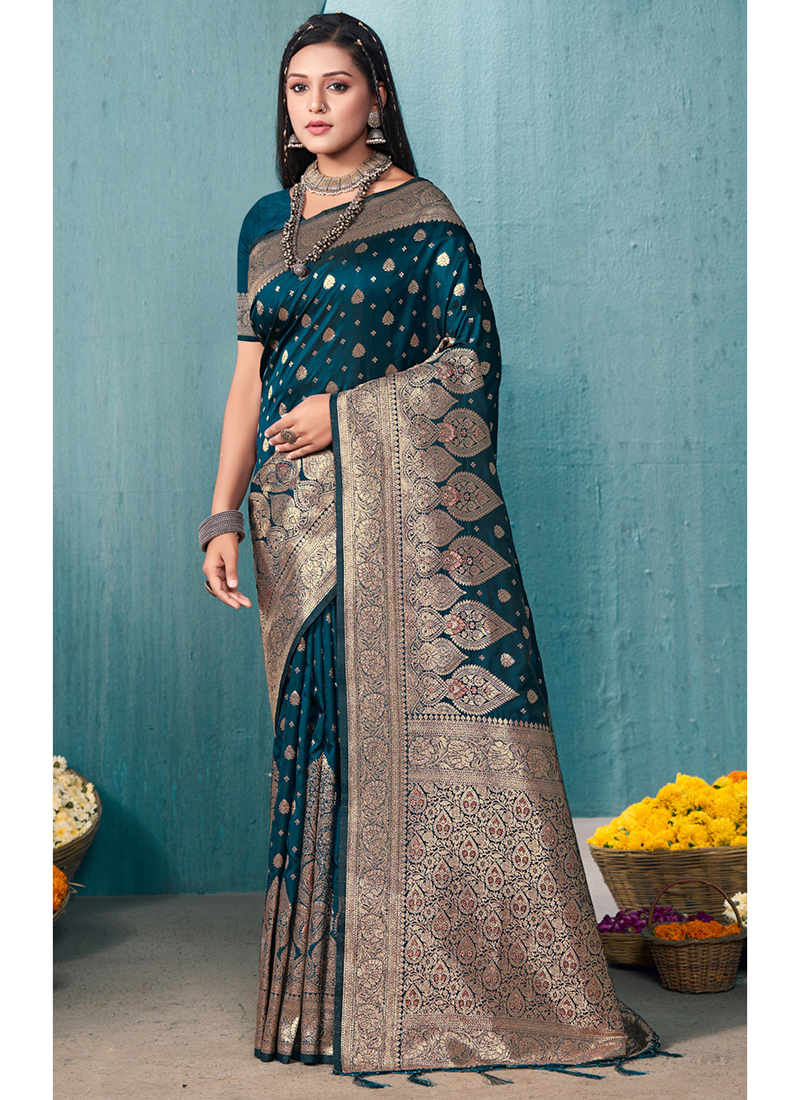 Blue Banarasi Silk Party Wear Digital Printed Saree