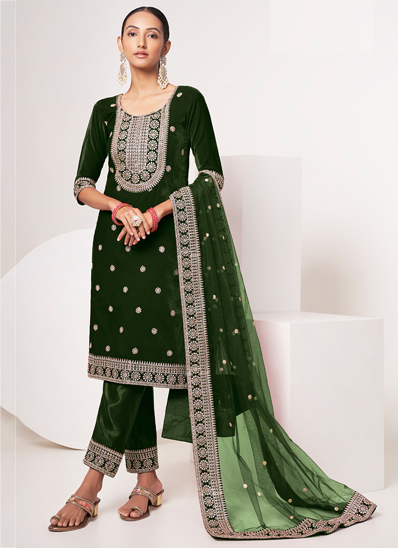 Off white & Green Kora Cotton Heavy Embroidered & Crochet work Party Wea Straight Suit main image 0