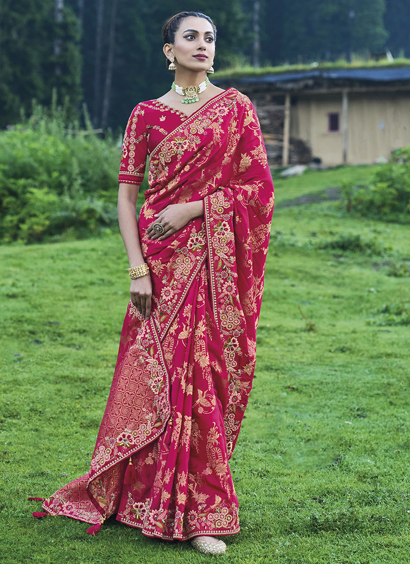 Red Poly Silk Embroidered Heavy Work Saree - Indian Women Fashions Pvt Ltd  - 3109913