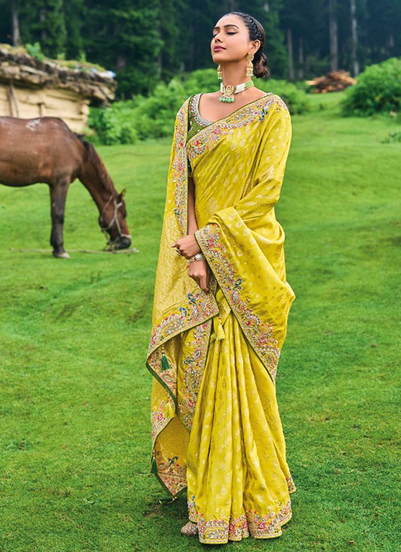 Buy Yellow Silk Wedding Wear Heavy Work Saree Online From Wholesale Salwar