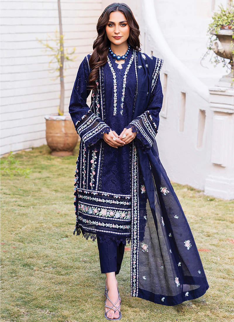 Buy Navy Blue Faux Georgette Eid Wear Embroidery Work Pakistani