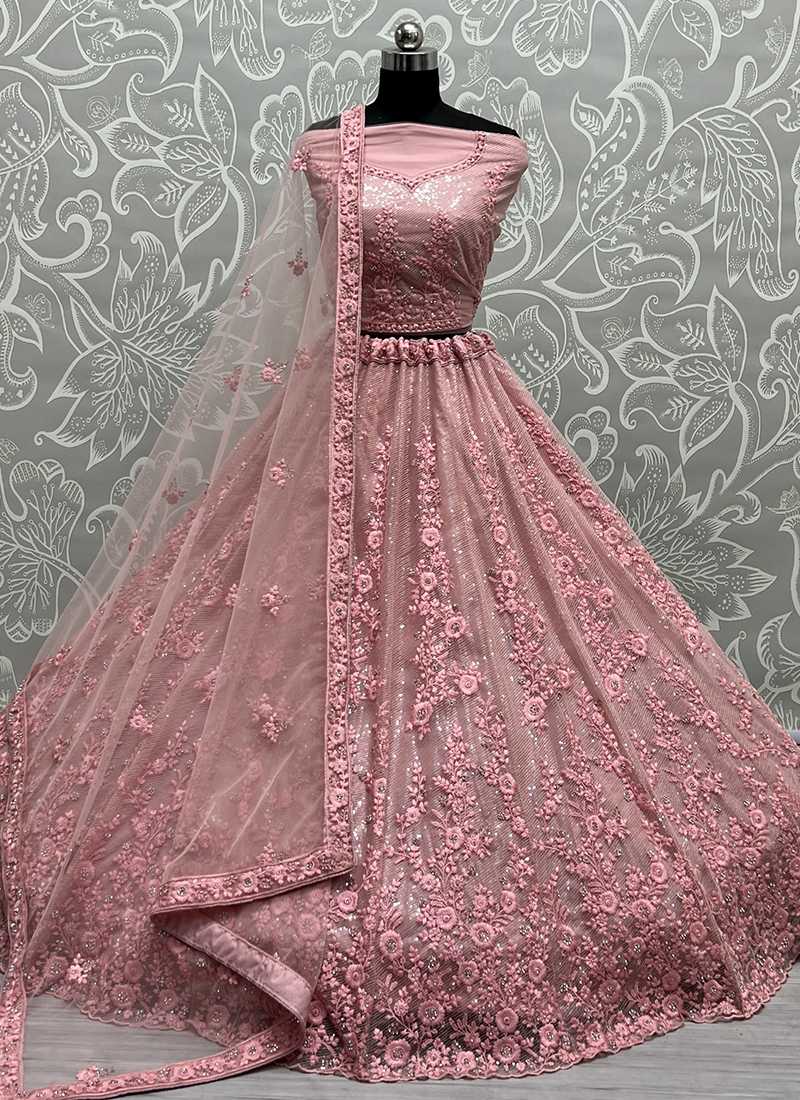 Onion Pink Net Embroidered Bridal Lehenga Choli – TDO Australia