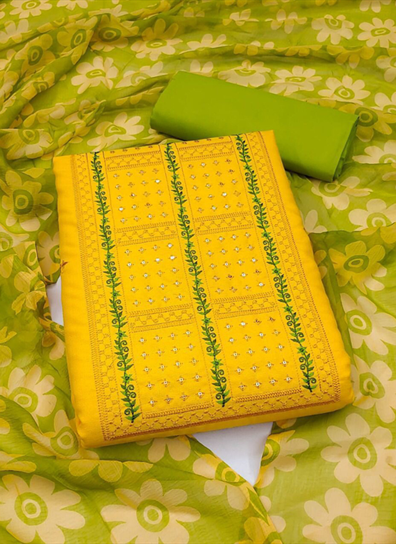 Latest Yellow Cotton Casual Wear Embroidery Work Dress Material SBS58 4