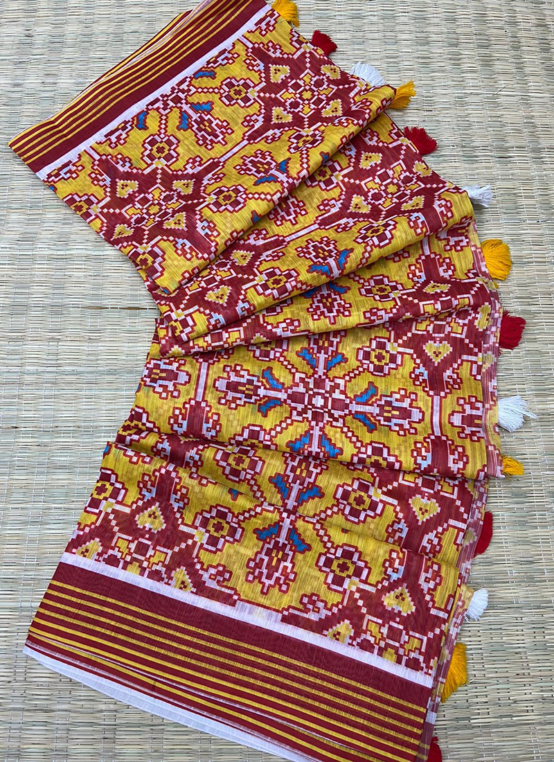 Buy Yellow Linen Traditional Wear Patola Saree Online From ...