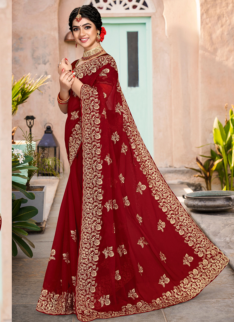 Sangria Pink Floral Net Embroidered Heavy Work Saree - Absolutely Desi