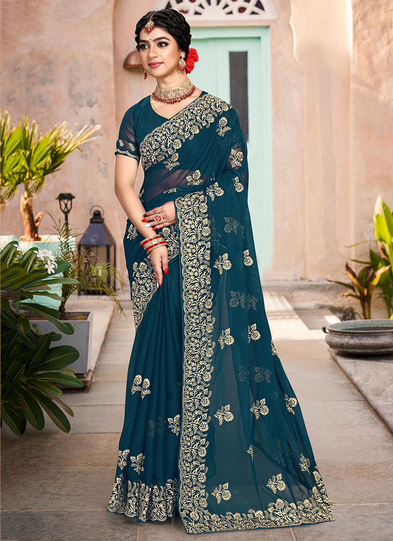 Festival Attire Black Net Embroidered Saree