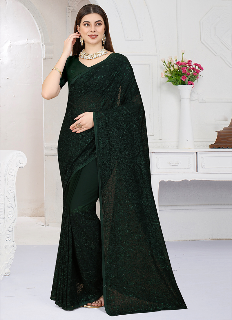 Green Sequins Embroidered Georgette Saree