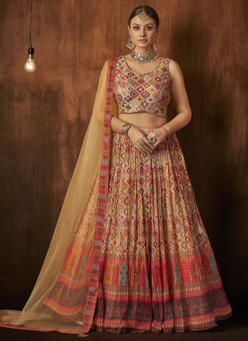 Beige Georgette Party Wear Digital Printed Ready To Wear Lehenga Choli