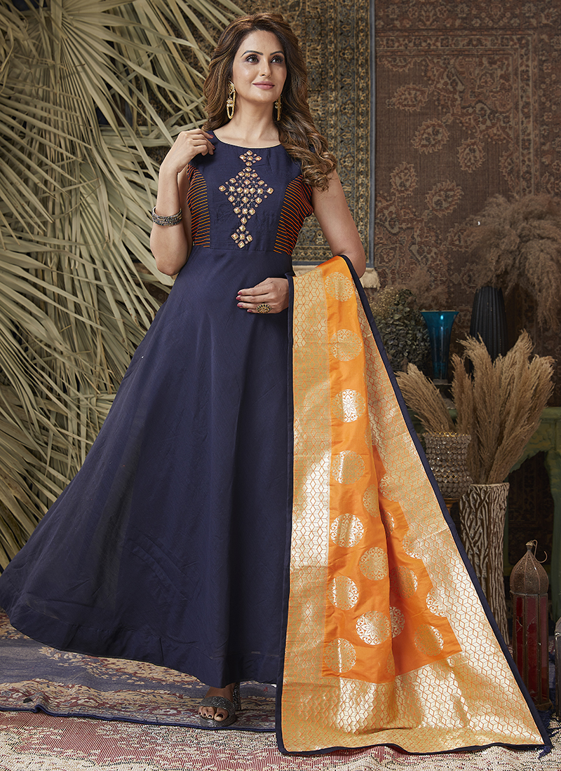 Buy Party Wear Morpeach Sequins Work Faux Georgette Gown With Dupatta  Online From Surat Wholesale Shop.