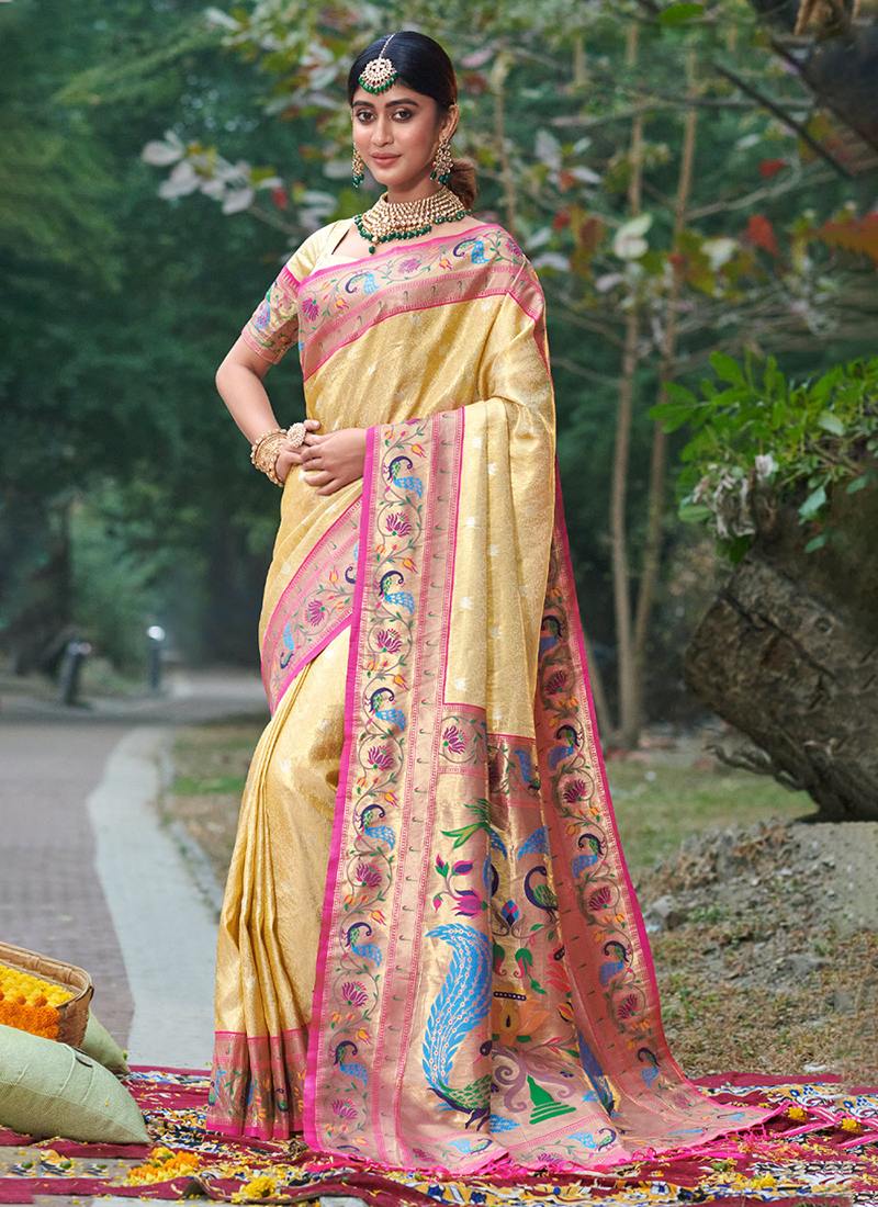 Buy Cream Silk Traditional Wear Paithani Saree Online From Wholesale Salwar 