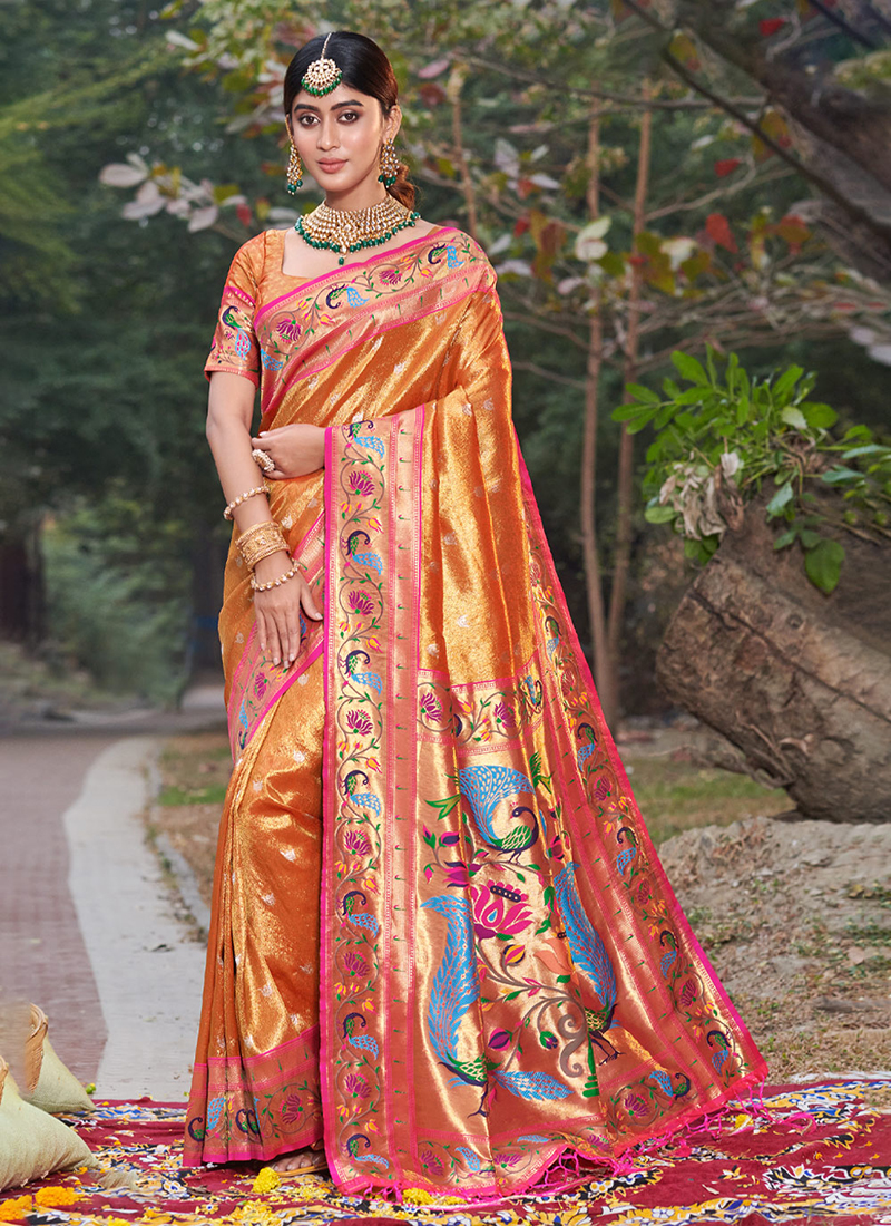 Buy Orange Silk Traditional Wear Paithani Saree Online From ...