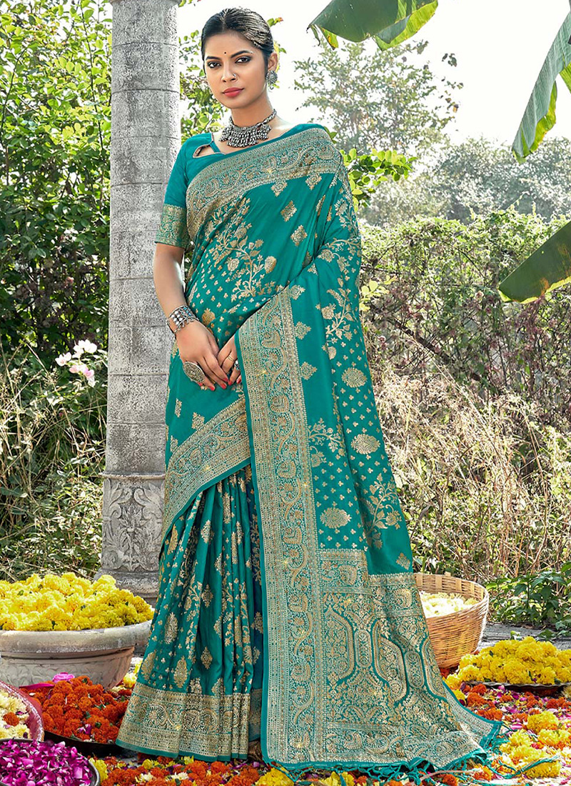 Party Wear Banarasi Silk Saree Blue Colour