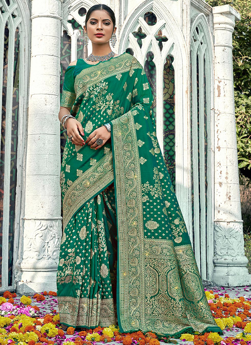 Pink & Green Zari Woven Banarasi Silk Saree - Mejaaz Fashion