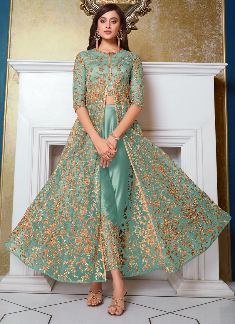 Buy Turquoise Blue Net Wedding Wear Embroidery Work Anarkali Suit
