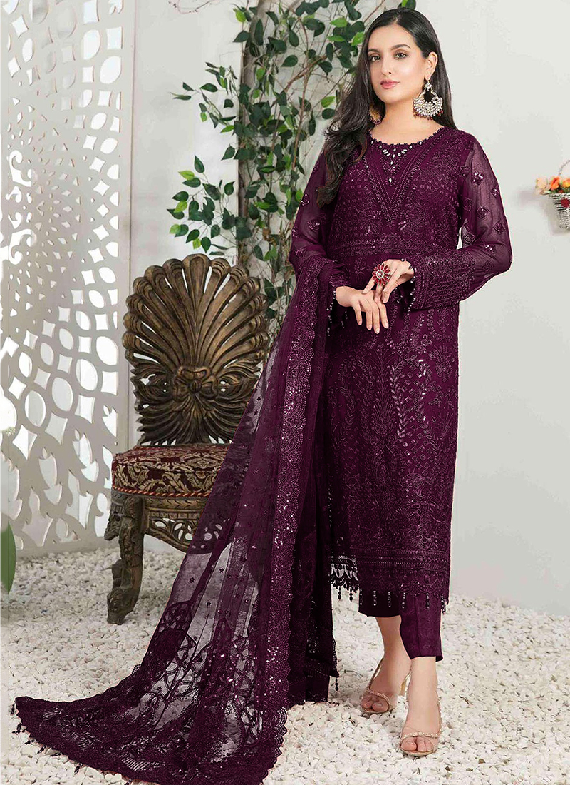 Buy Purple Georgette Eid Wear Embroidery Work Pakistani Suit