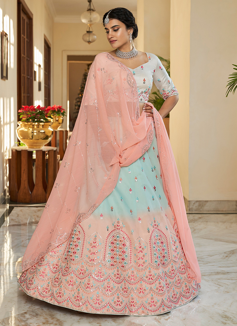 Sky Blue And Pink Embroidered Lehenga For Weddings | Latest Kurti Designs