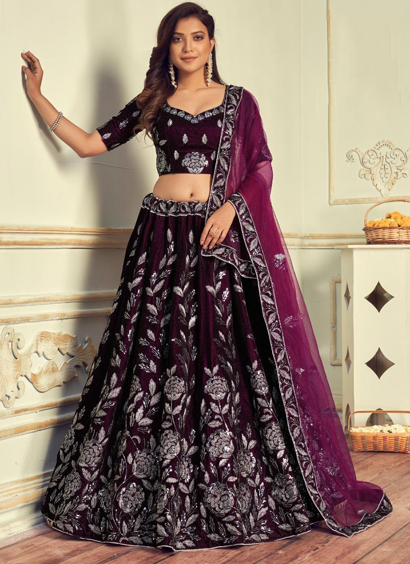 Buy Purple Velvet Wedding Wear Embroidery Work Lehenga Choli