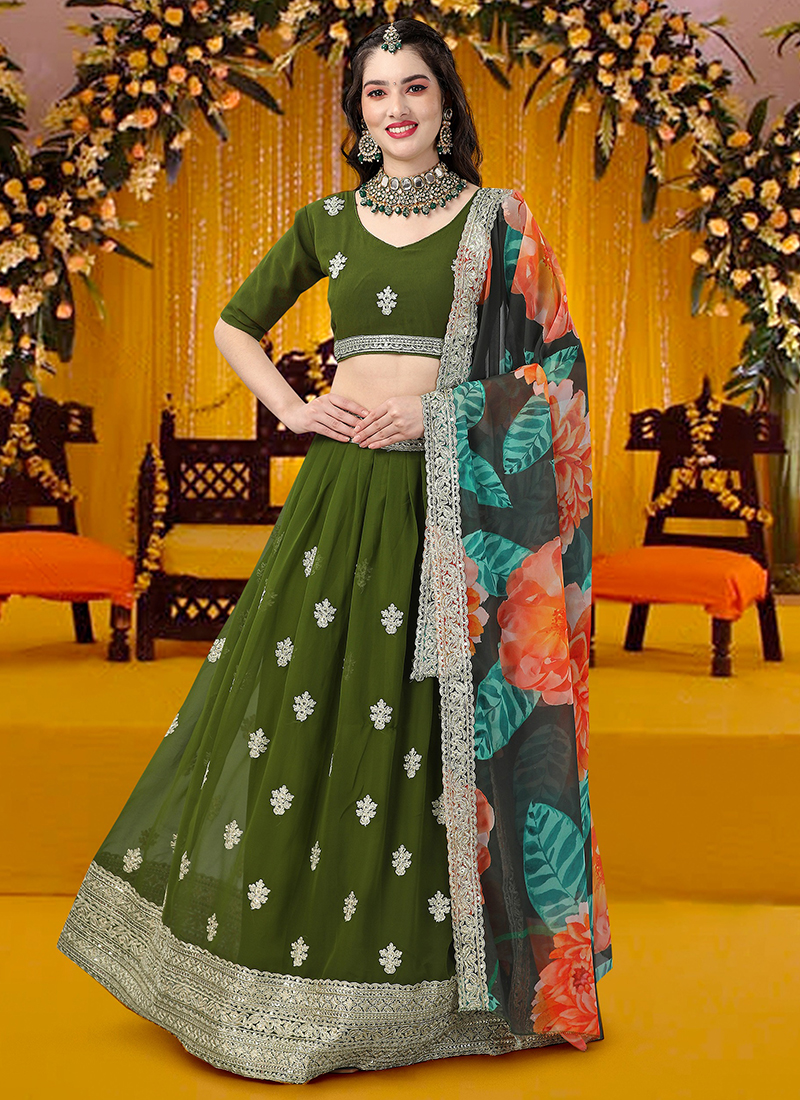 Tusser art silk Lehenga Choli with Printed in Green - LC7328