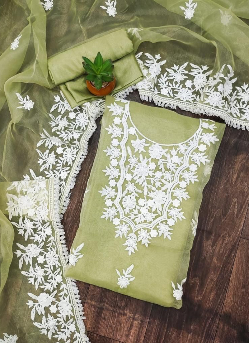 Buy Olive Green Organza Festival Wear Embroidery Work Dress