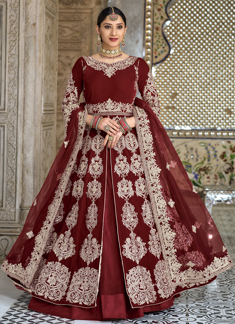 Buy Maroon Velvet Bridal Wear Embroidery Work Anarkali Suit ...