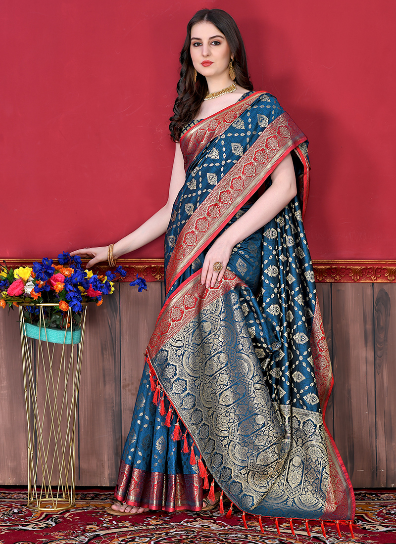 Royal Blue Banarasi Silk Saree With Heavy Copper Border – Tulsi Designer