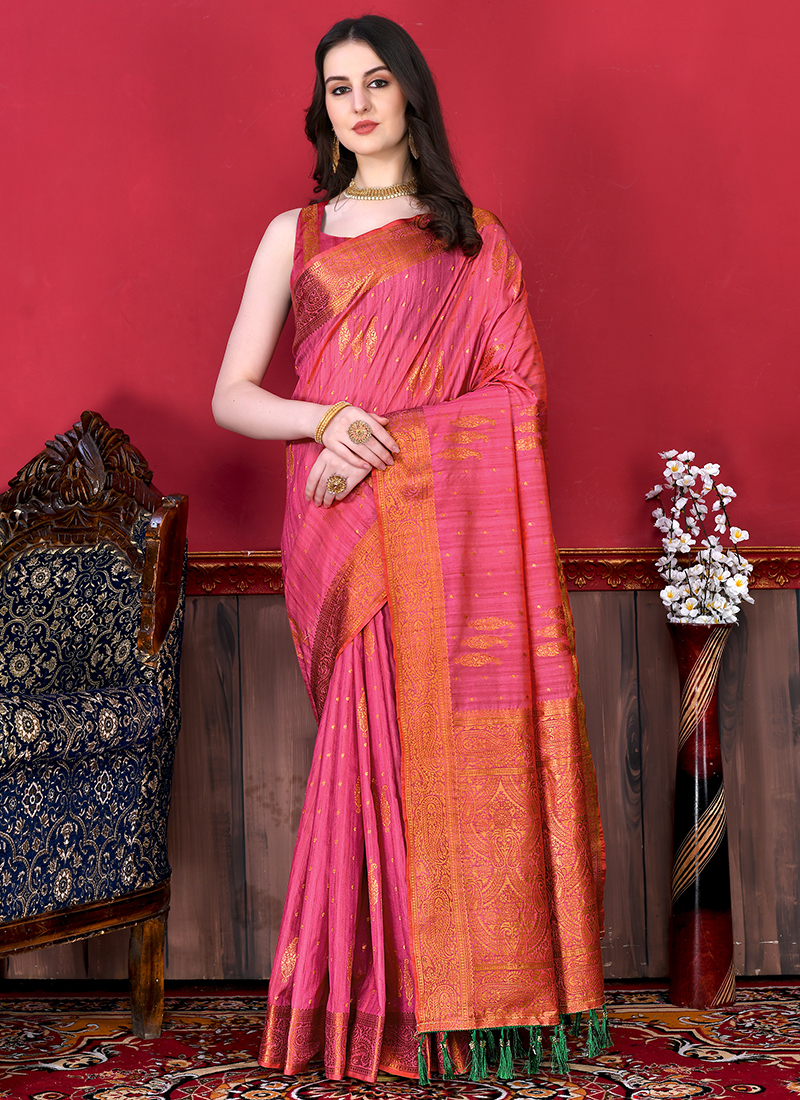 Wedding ROSE PINK MEENAKARI KATAN SILK BANARASI HANDLOOM SAREE, With Blouse  Piece at Rs 27500 in Varanasi