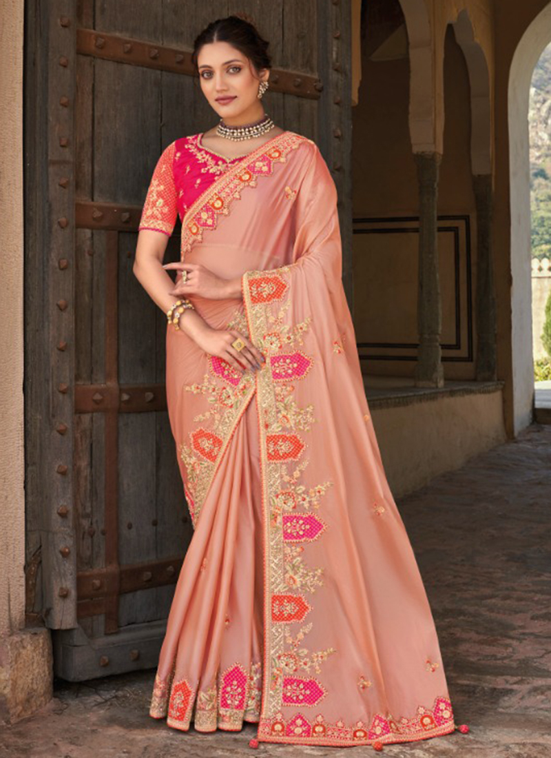 DELIVERY IN 15-20 DAYS) PINK COLOUR ORGANZA TISSUE SAREE EMBELLISHED –  Kothari Sons