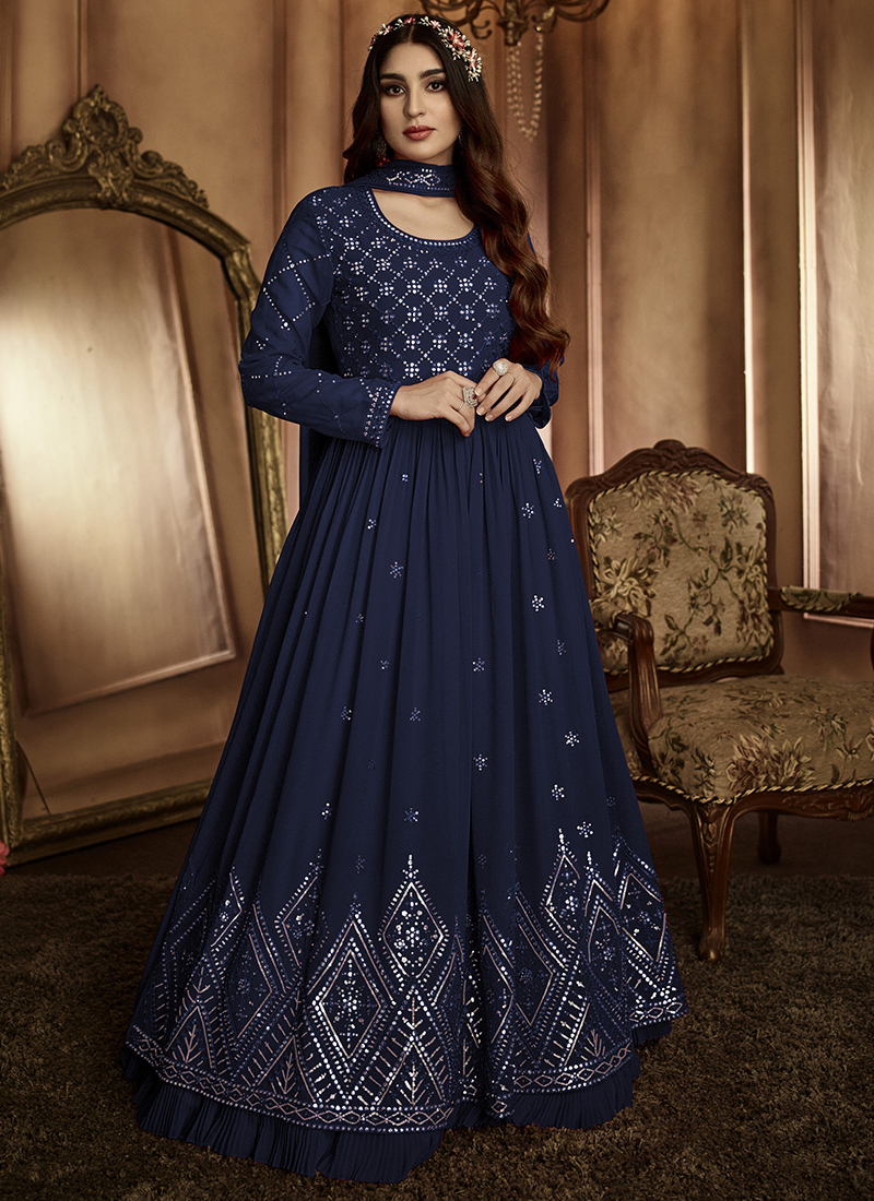 Flexible Stylish Printed Pattern Navy Blue Frock Anarkali Suit With Short  Sleeves Decoration Material Laces at Best Price in Mathura  Laxman  Chaudhary