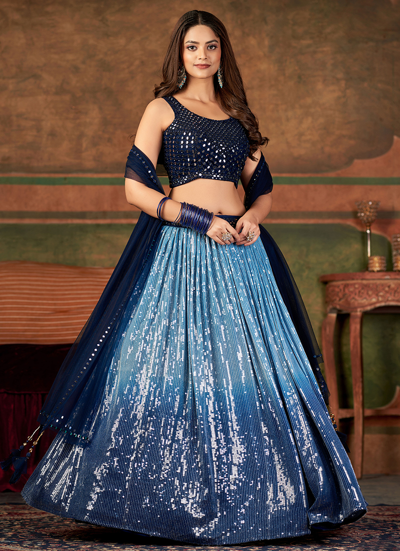 Blue Pure Georgette Party Wear Sequins Work Ready To Wear Lehenga Choli
