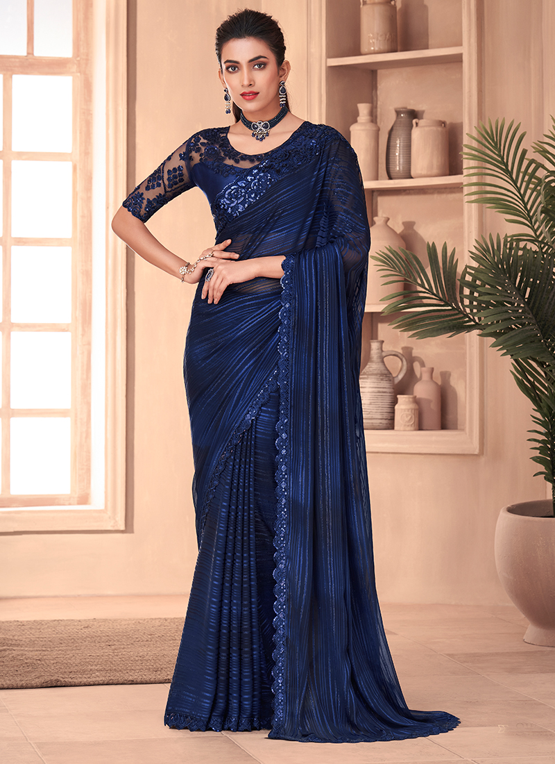 Buy Navy Blue Swaroski Diamond Silk Party Wear Saree For Women Online