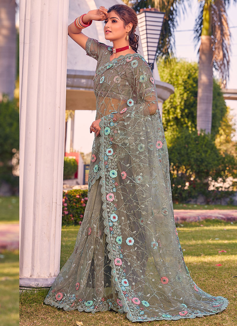 Buy Pista green Net Wedding Wear Cording Work Saree Online From ...