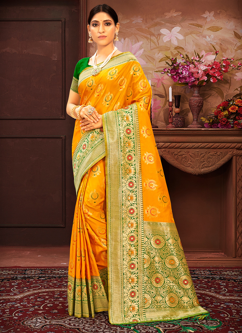 Yellow banarasi silk saree with blouse 10107