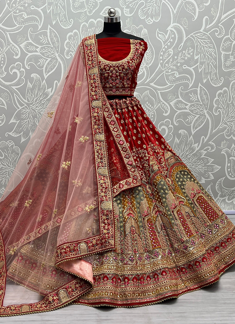 Vintage Red Mirror Work Bridal Wear Lehenga Choli In Silk SFIN225 –  ShreeFashionWear