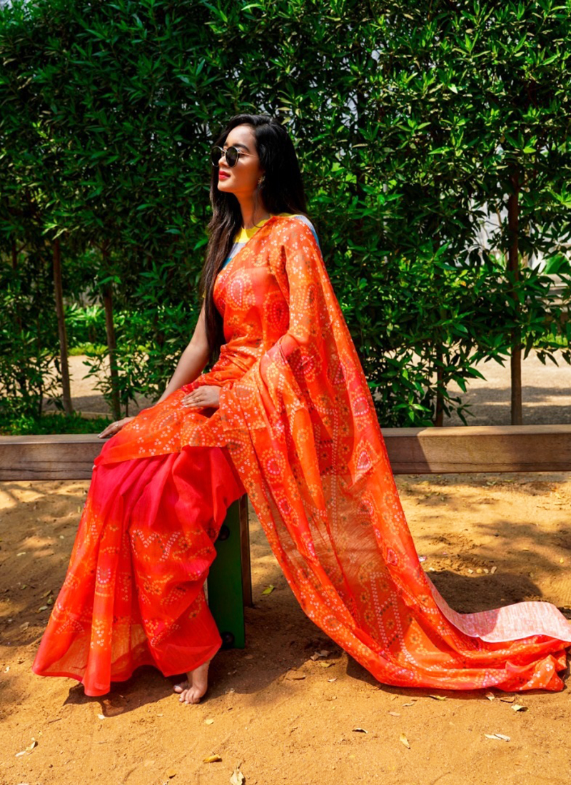 Orange Linen Cotton Casual Wear Bandhani Printed Saree BHAGWATI45 3