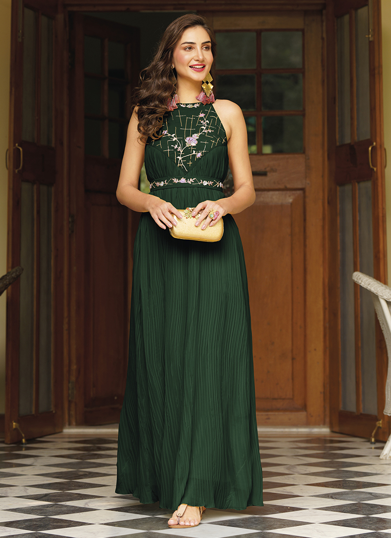 Golden Printed Rayon Gown in Dark Green : TAG370