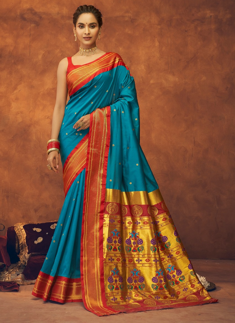 Buy Firozi Pure Silk Party Wear Paithani Saree Online From ...