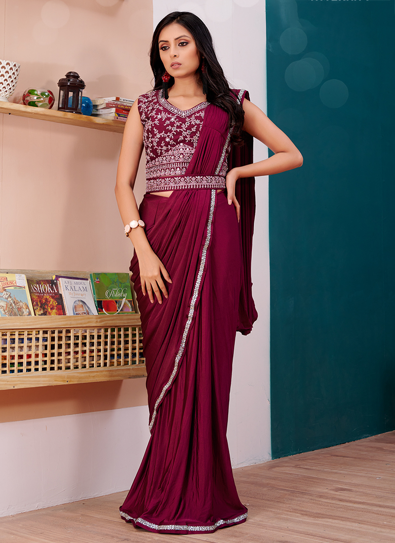 Designer Maroon Silk Readymade Saree with Handwork Blouse