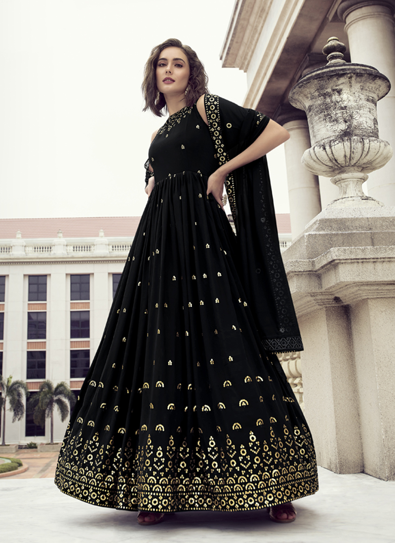Georgette Printed Black Gown Dress with Dupatta - GW0662