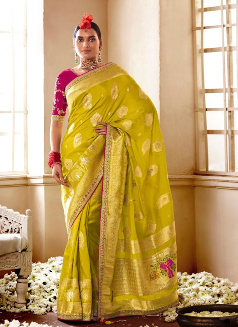 Nylon Silk Saree With Blouse In Orange And Pink Color - Dmv15181