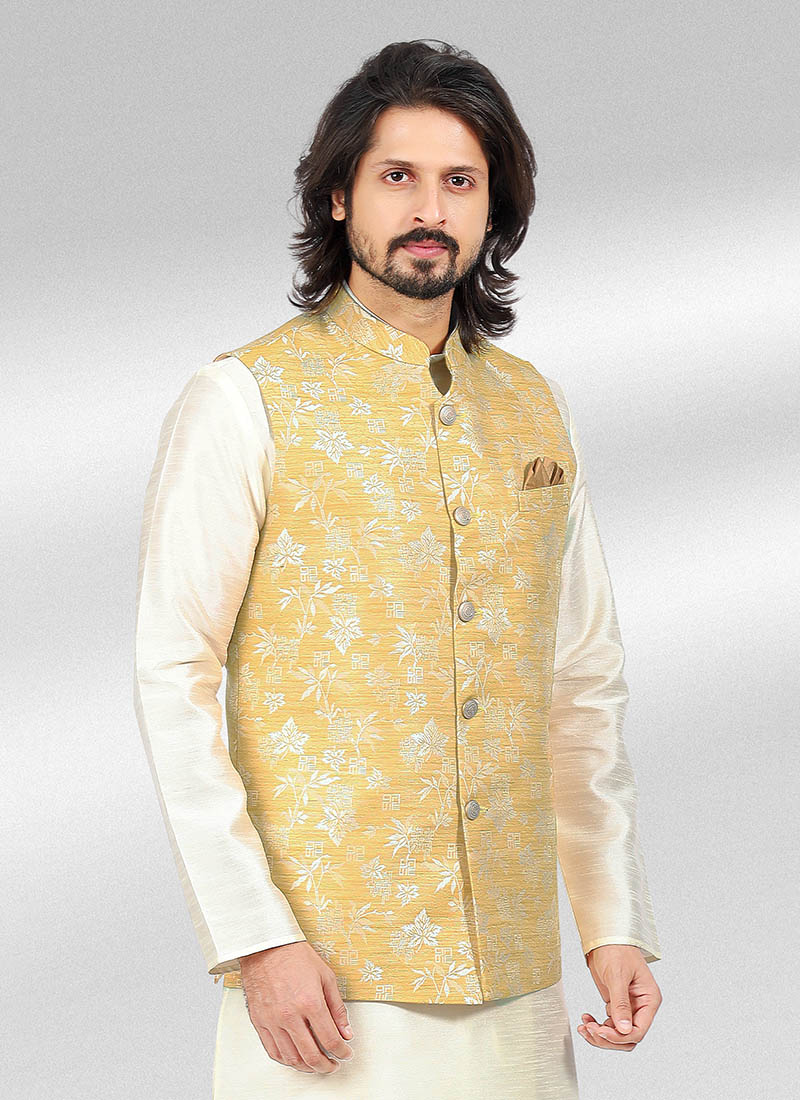 Blissful Silk Fabric Function Wear Cream Kurta Pyjama With Yellow Color  Jacket