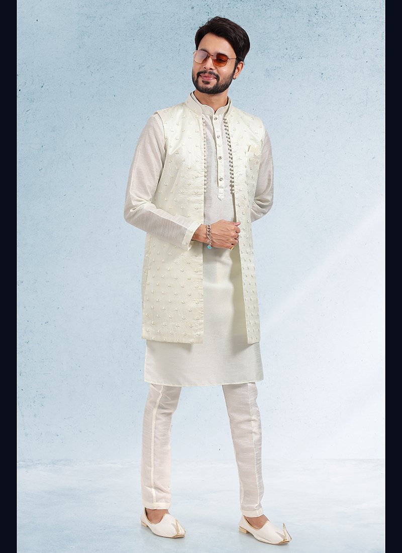 Buy Cream Banarasi Silk Festival Wear Jacquard Kurta Pajama With