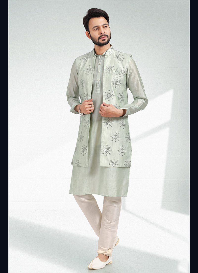 Pista green Banarasi Silk Festival Wear Jacquard Kurta Pajama With Jacket