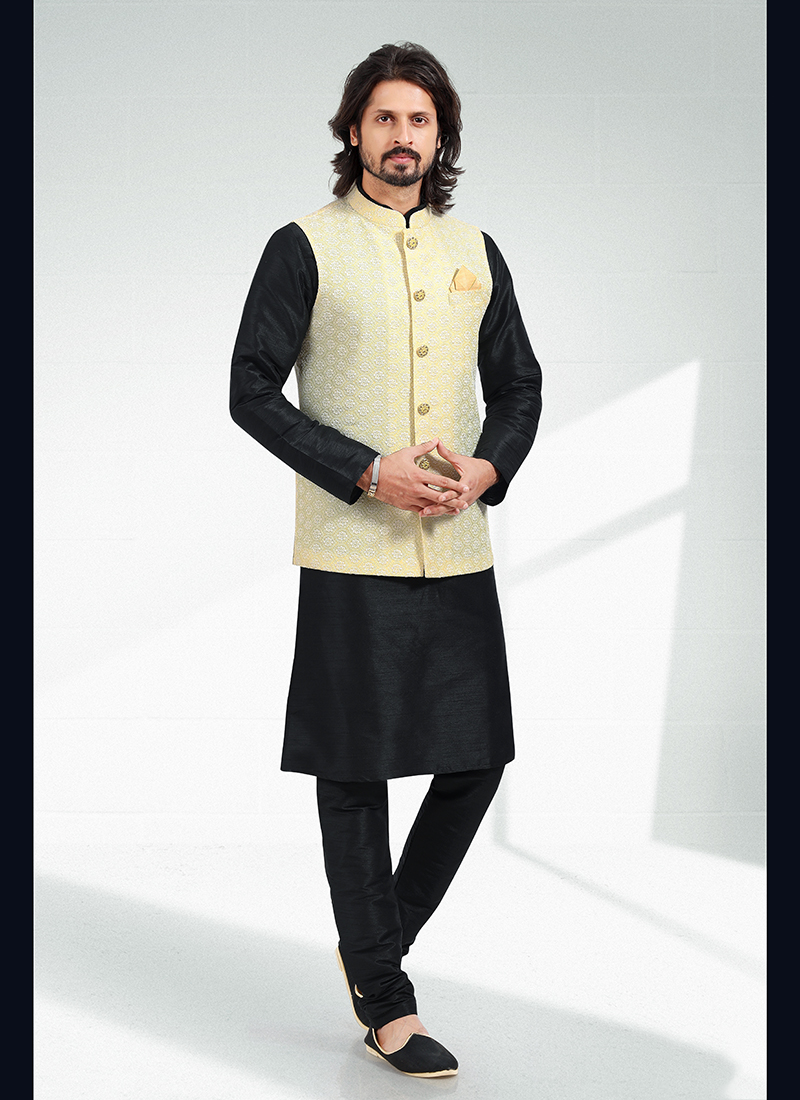 Buy Kalki Winter White Kurta Set In Silk With Aspen Gold Yellow Bandi Jacket  For Boys KALKI Fashion India