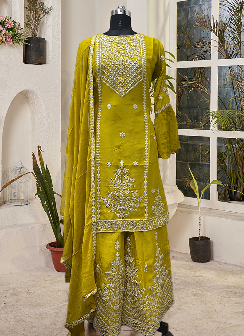 Buy Yellow Chiffon Eid Wear Lucknowi Work Palazzo Suit Online ...