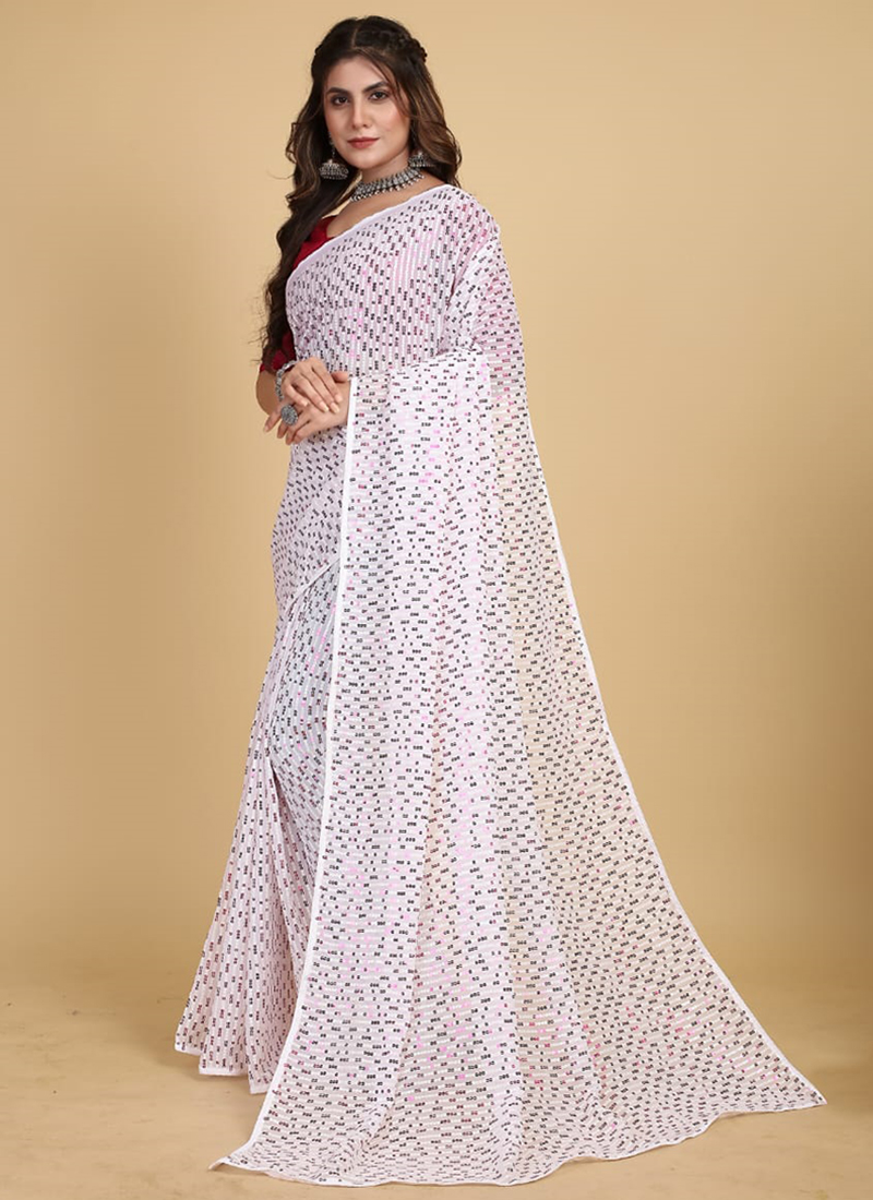 Wine Georgette Contrasting Thread Embroidered Saree – Meena Bazaar