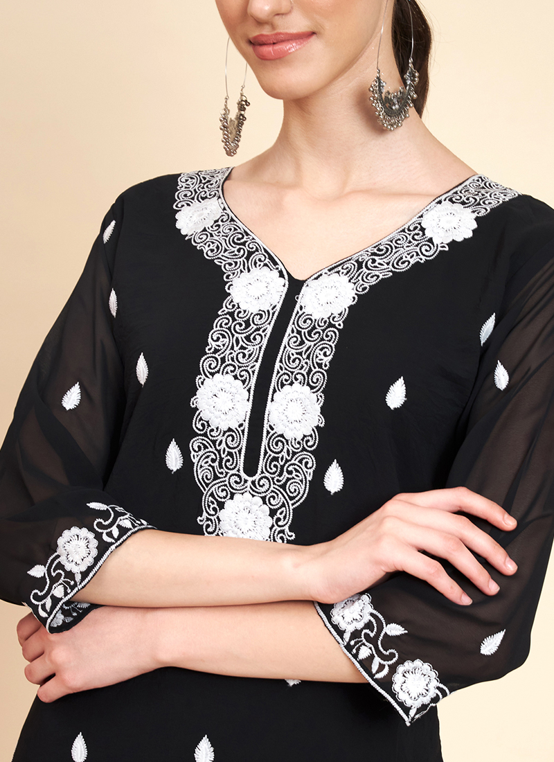 ISHIEQAs White-Black Rayon Chikankari Kurti-MV1202E | Cotton kurti designs,  Modest fashion outfits, Kurti designs