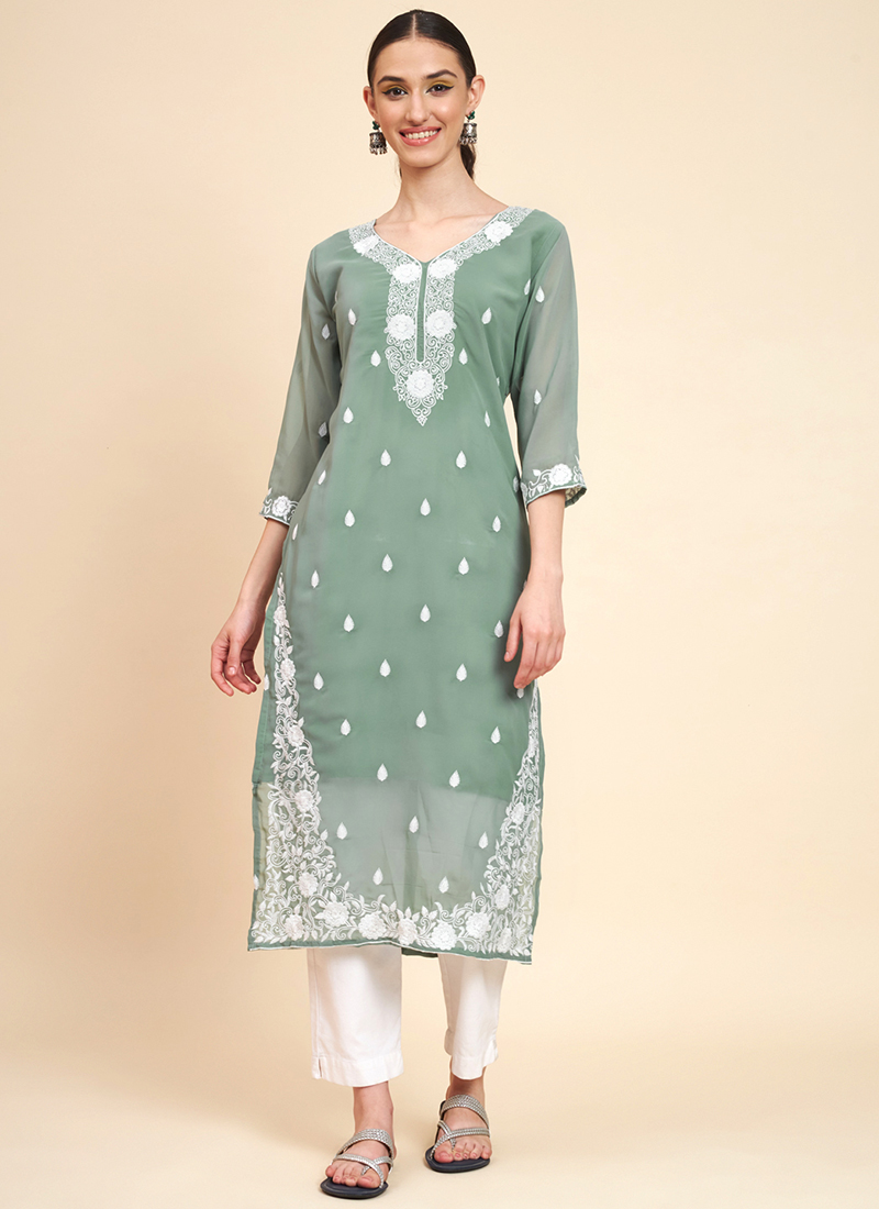 Buy Teal Georgette Casual Wear Lucknowi Kurti Online From Wholesale Salwar.