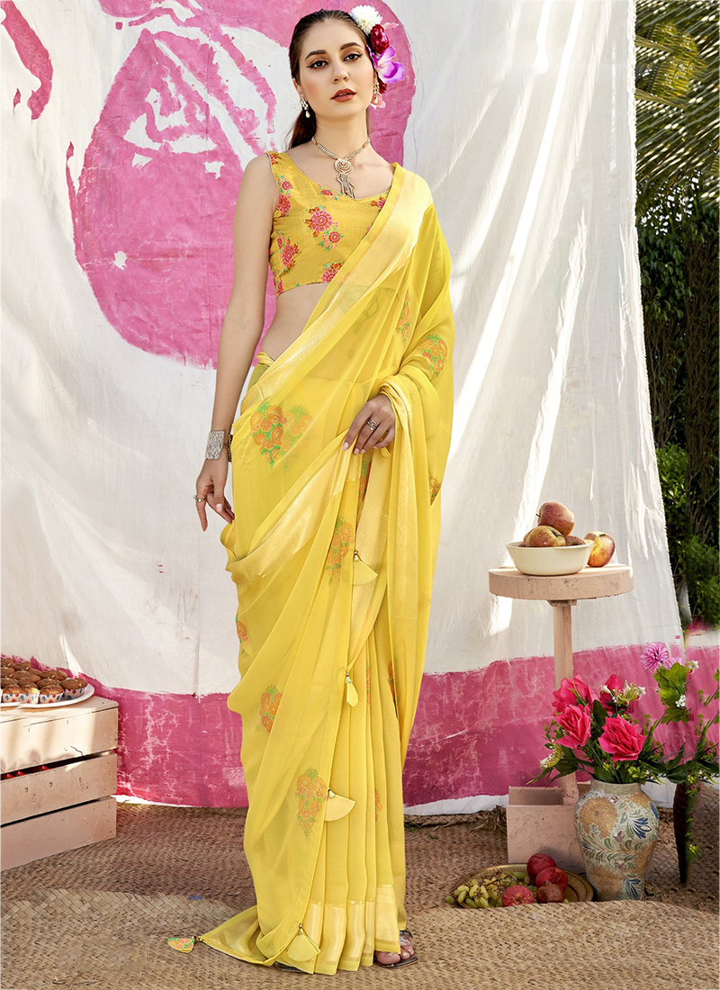 Light yellow casual wear georgette saree sale