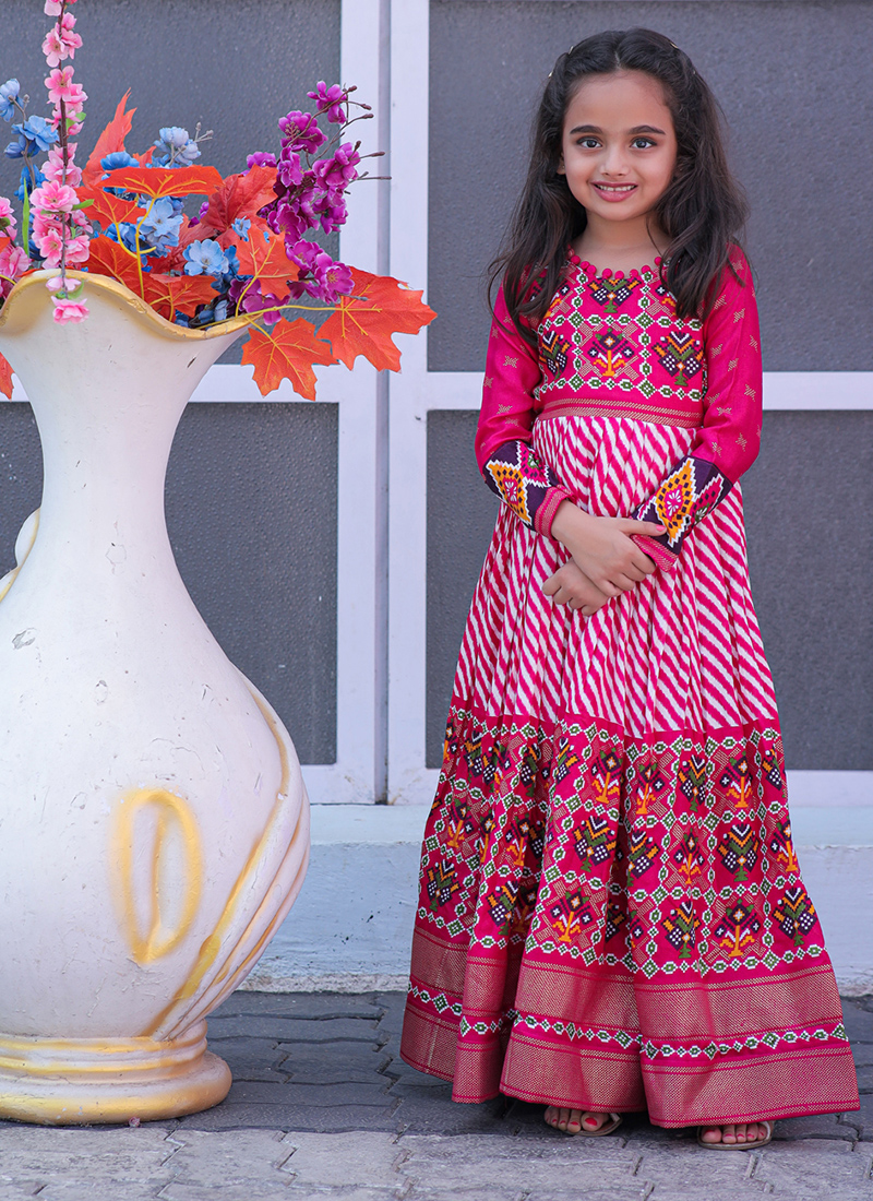 Buy Kids Girls Pink Jacquard Art Silk Gown Festive Wear Online at Best  Price | Cbazaar